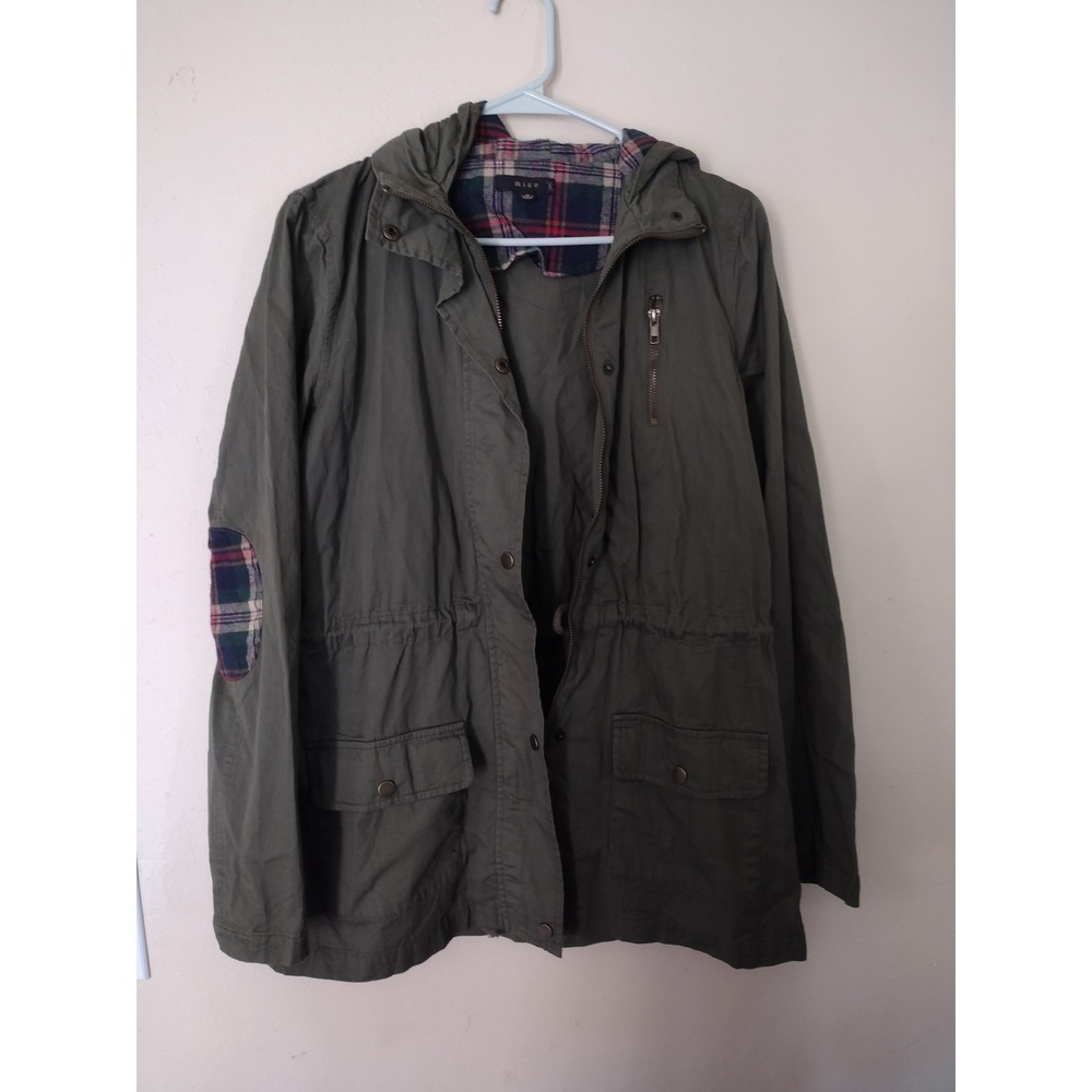 Mine Womens Olive Green Utility Anorak Jacket Plaid Lined Hood Size M